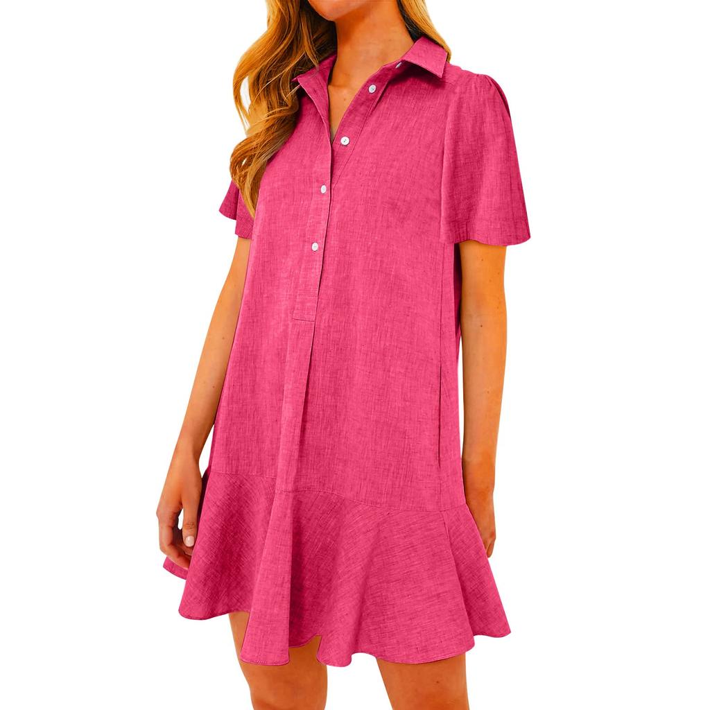 Women's Fashion Casual Half Open Shirt Hem Ruffle Color Short Sleeve Dresses