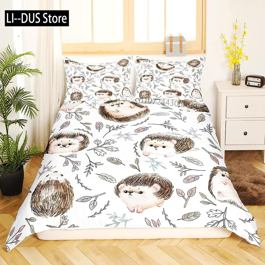 Hedgehog Duvet Cover Mushroom For Boys Teens Cute Cartoon Wild Animal Pinecone Tree Leaf Quilt Cover Autumn Leaves Room Decor