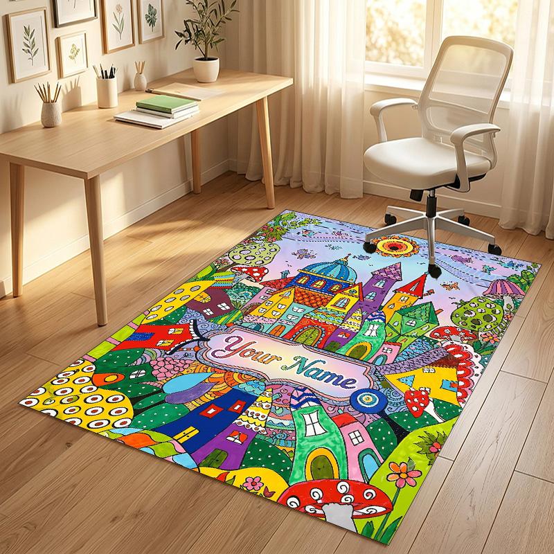 Fantasy Castle Theme Soft Crystal Velvet Rug Custom Name & Text Print Non Slip Floor Rug for Bedroom Living Room