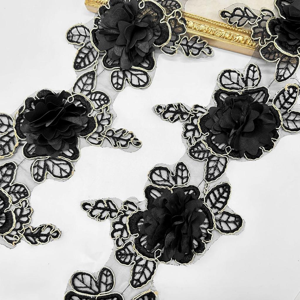 Lolita Czarny Złoty Nici Kwiat Haftowany Pas do Zasłony Odzież Bagaż Koronka Dekoracyjna
