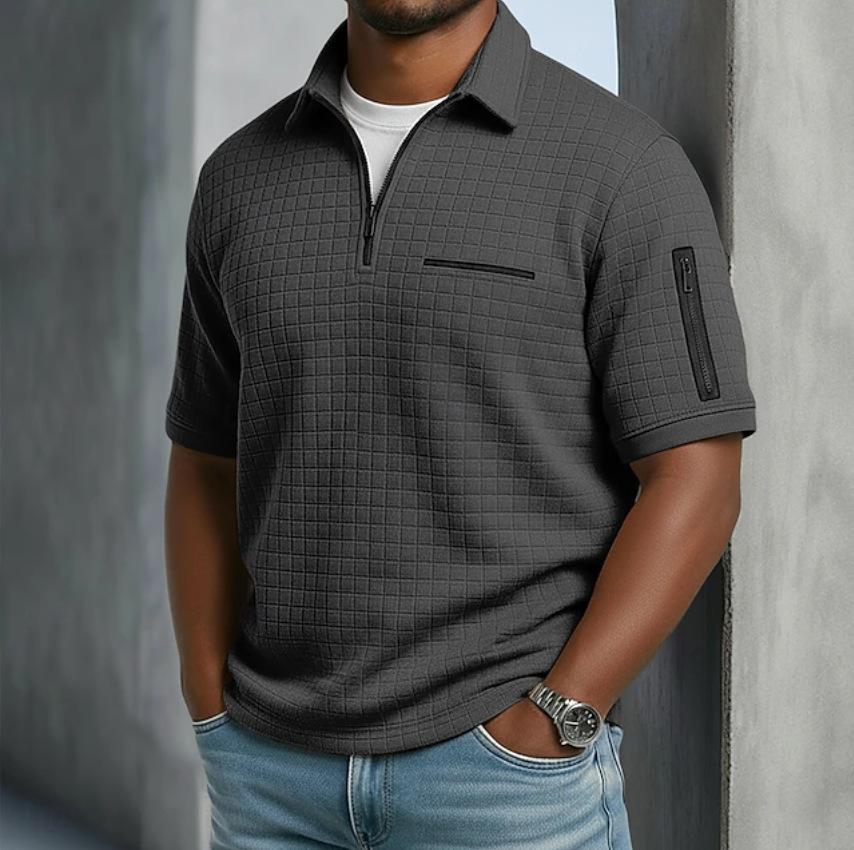 Men's Slim Fit Plaid Short Sleeve Shirt Zipper Front Casual Top with Decorative Arm Zip Pockets