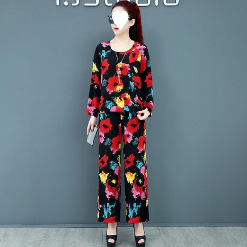 Plus Size Women's Spring and Summer Fashion Four-way Elastic Two-piece Set with Nine-quarter Sleeves Multi-color Loose Version Trend Suit