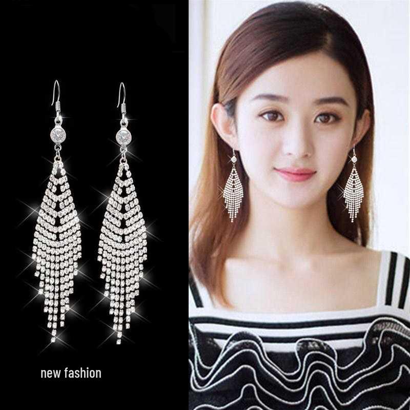 

Корейский стиль, серьги-пусеты с бриллиантами, жемчугом и цирконом, с кисточками, удлиненные, для стройного лица