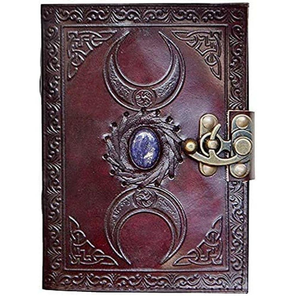 A5 Dreifache Mondgöttin Leder Braun Journal | Steinoptionen | 200 Blatt | Messing C-Verschluss | Mittelalterlich | Göttin Lederjournal