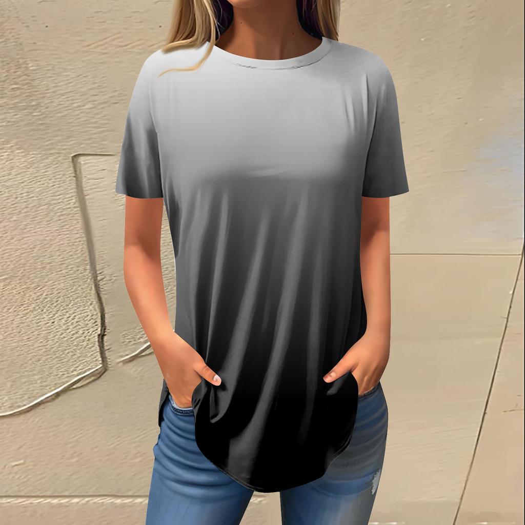 Women's Fashion Casual Round Neck Gradient Printed Short Sleeve Pullover T-Shirt Top