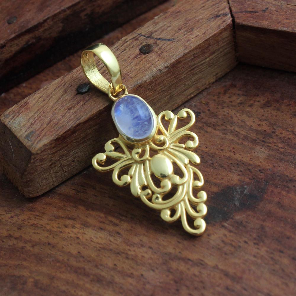 Moonstone Yellow Gold Plated Pendant 100% 925 Sterling Silver Women June Birthstone Jewelry