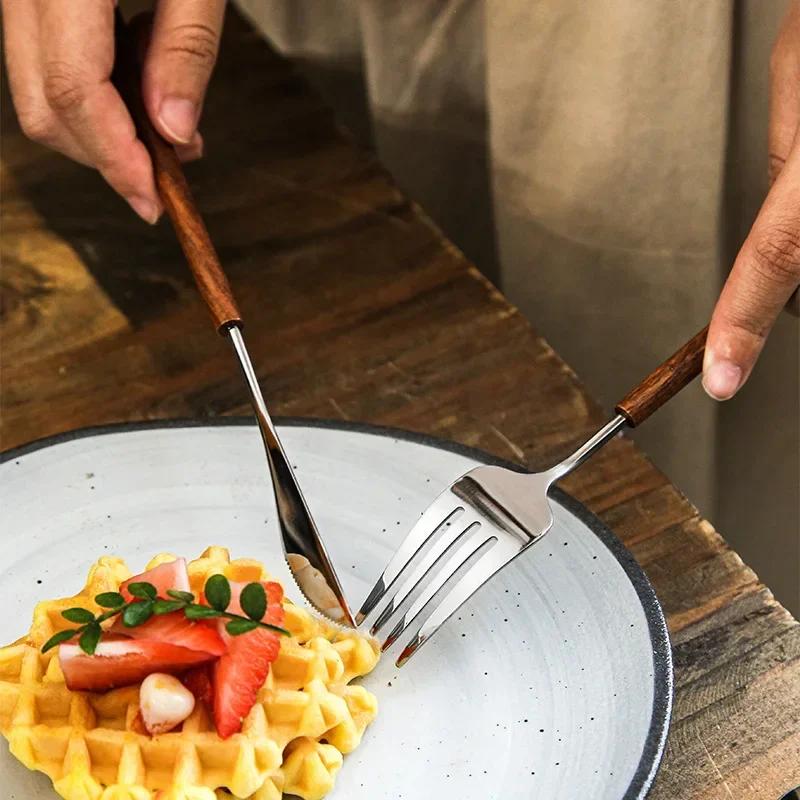 Vintage Rosewood Handle Steak Main Dinner Knife Fork Spoon Stainless Steel Tableware Hotel Light Luxury Dinnerware Set