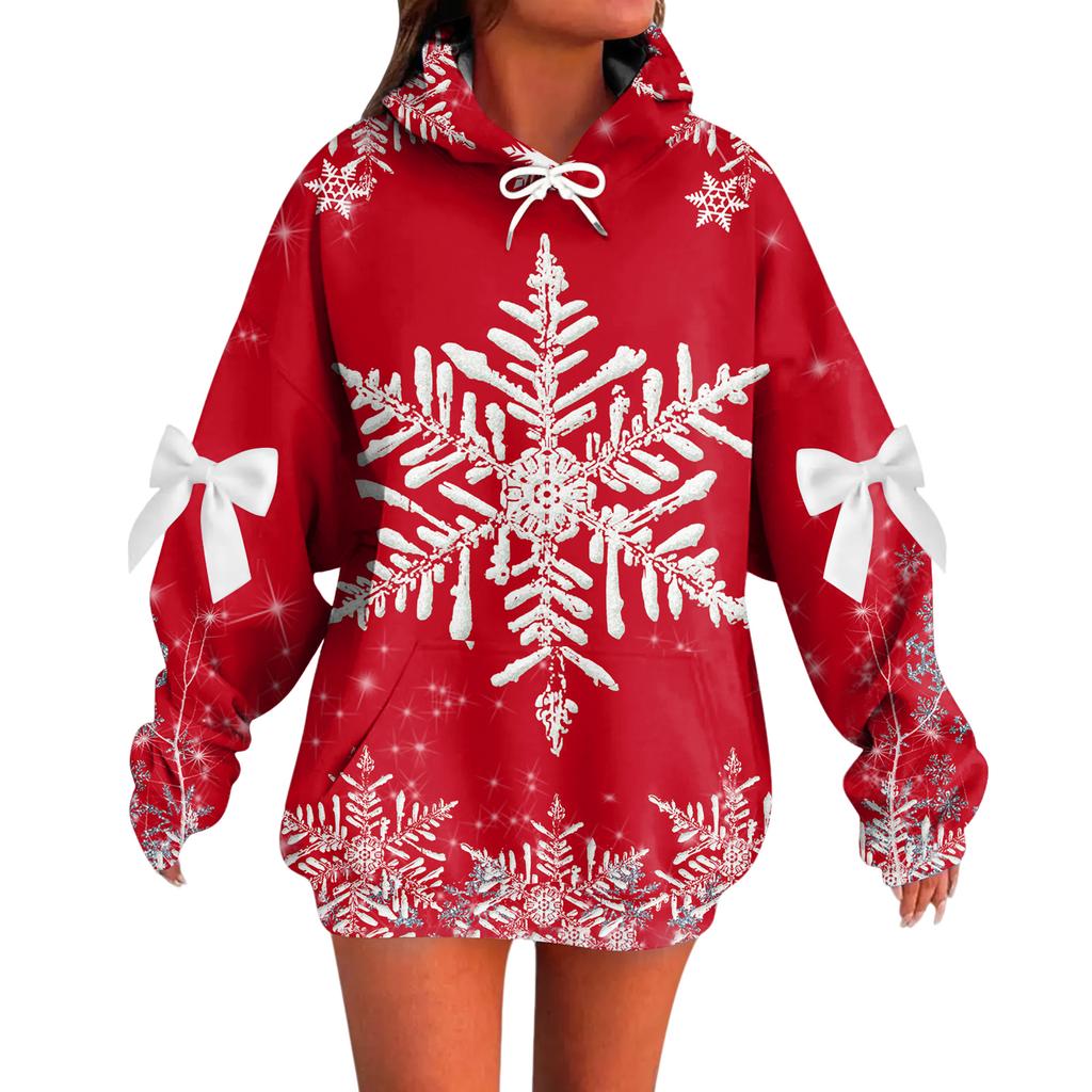 Ladies' Christmas Printed Bow Long Sleeved Loose Fitting Headband With Rope Hooded Sweatshirt Top