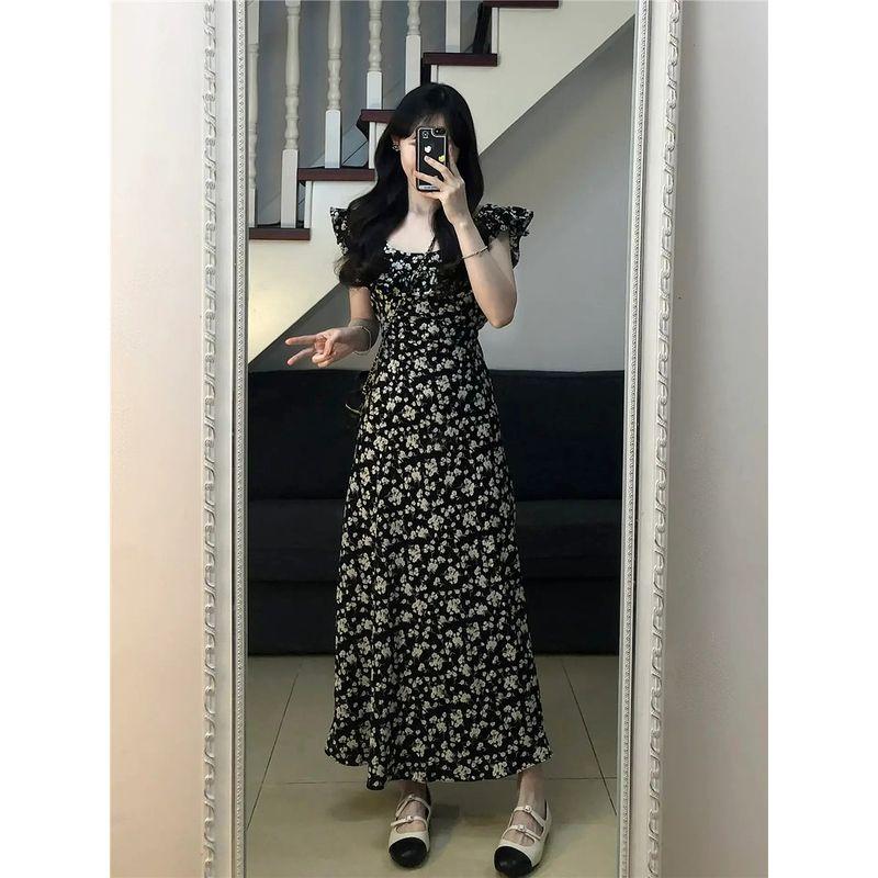 

Temperament Long Skirt Floral Dress Son French style Temperament Floral Full Body Dress Black XL(XL)