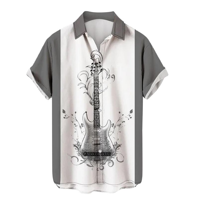 Shirts For Men Music Guitar3d Print Rock Hip Hop Tops Male Clothing Short Sleeve V-Neck Beach Shirts