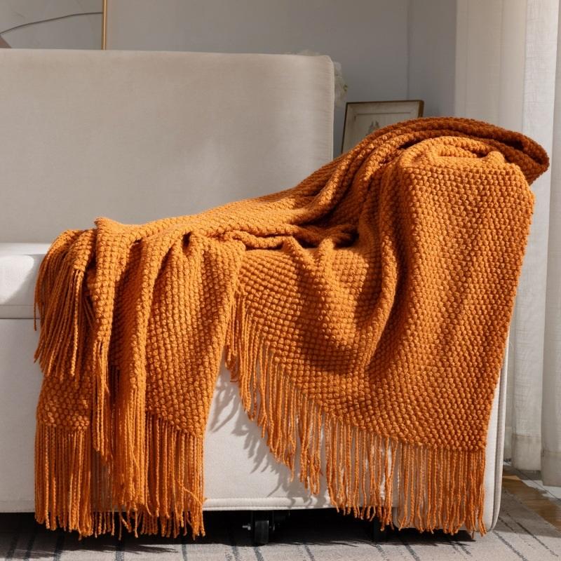 Chunky Knit Tassel Throw Blanket Solid Color Textured Knitted Blanket For Sofa Bed Home Decor