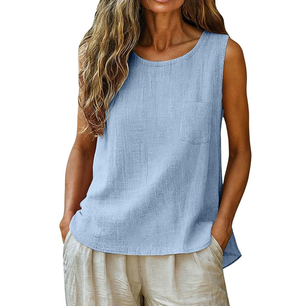 Women's Fashionable Casual Round-Neck Sleeveless Top: Plain-Coloured Cotton-Linen T-Shirt With Pockets