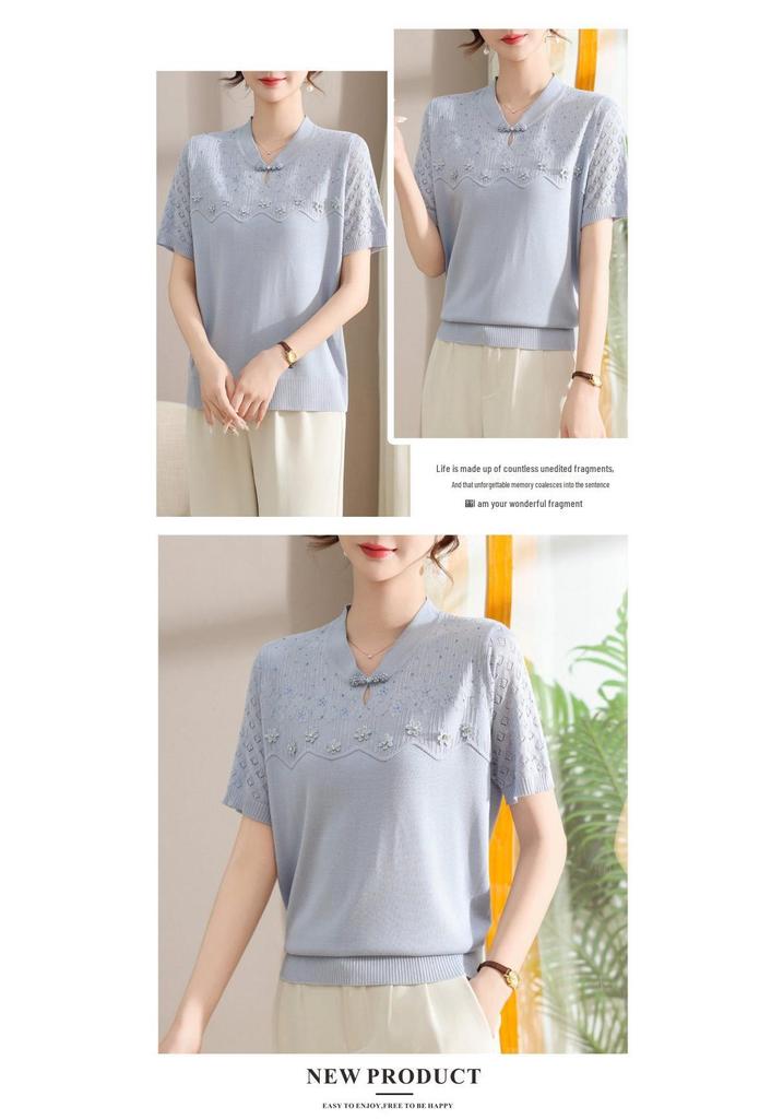Chic Knitted Short Sleeve Summer Top for Women - Age-Defying Fashion for Middle-Aged and Elderly