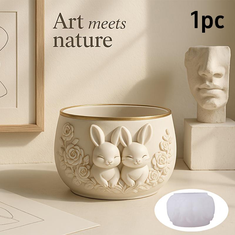 Bunny Couple Planter Pot Silicone Mold - Thick-wall Sturdy Round Jar Mold With Floral Relief & Rabbit Couple Design, Easy Demold