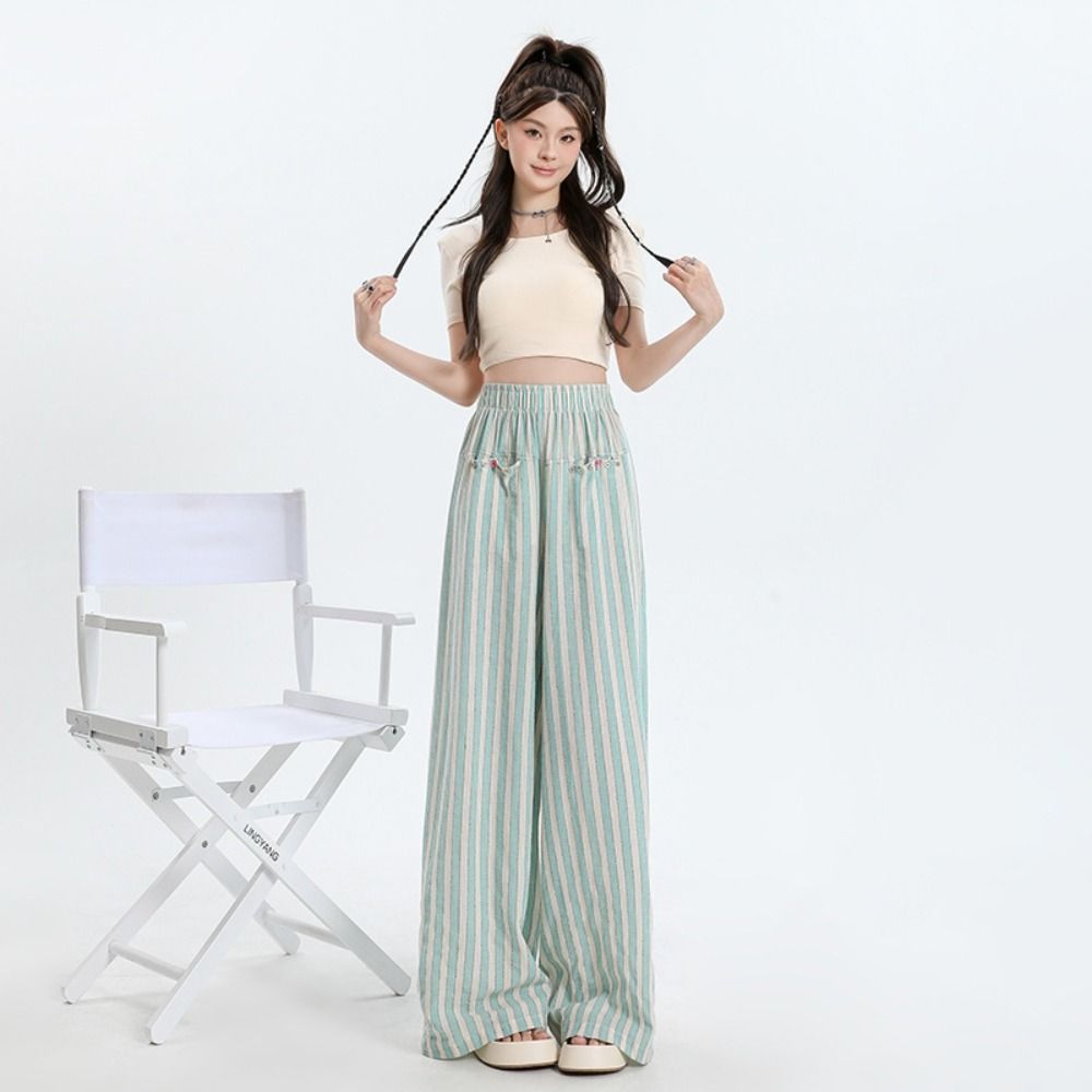Loose Wide Leg Pants Chic Straight Leg Pants Sweet Casual Stripe Long Pants  Women