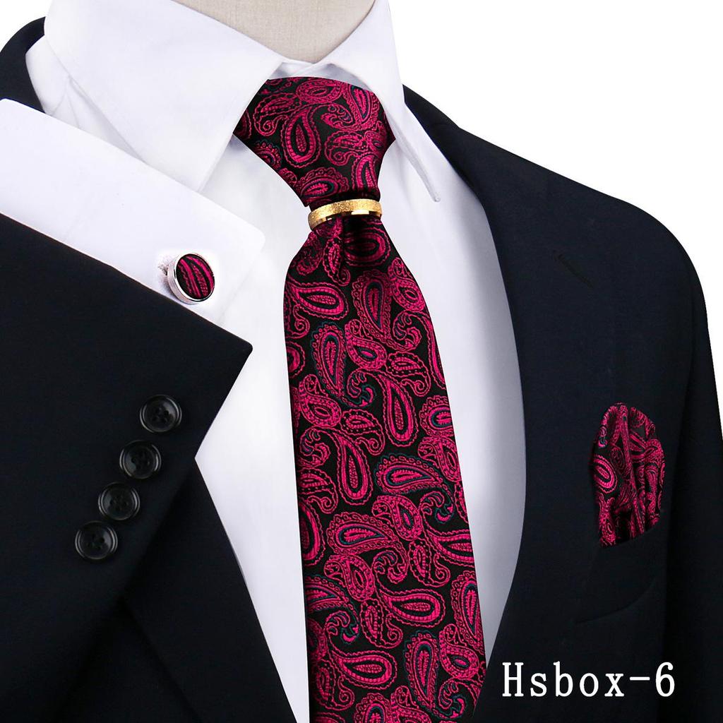 Men's Tie, Pocket Square, and Cufflinks 4-Piece Set - Cashew Flower Design, High-End Feel, 8cm Tie