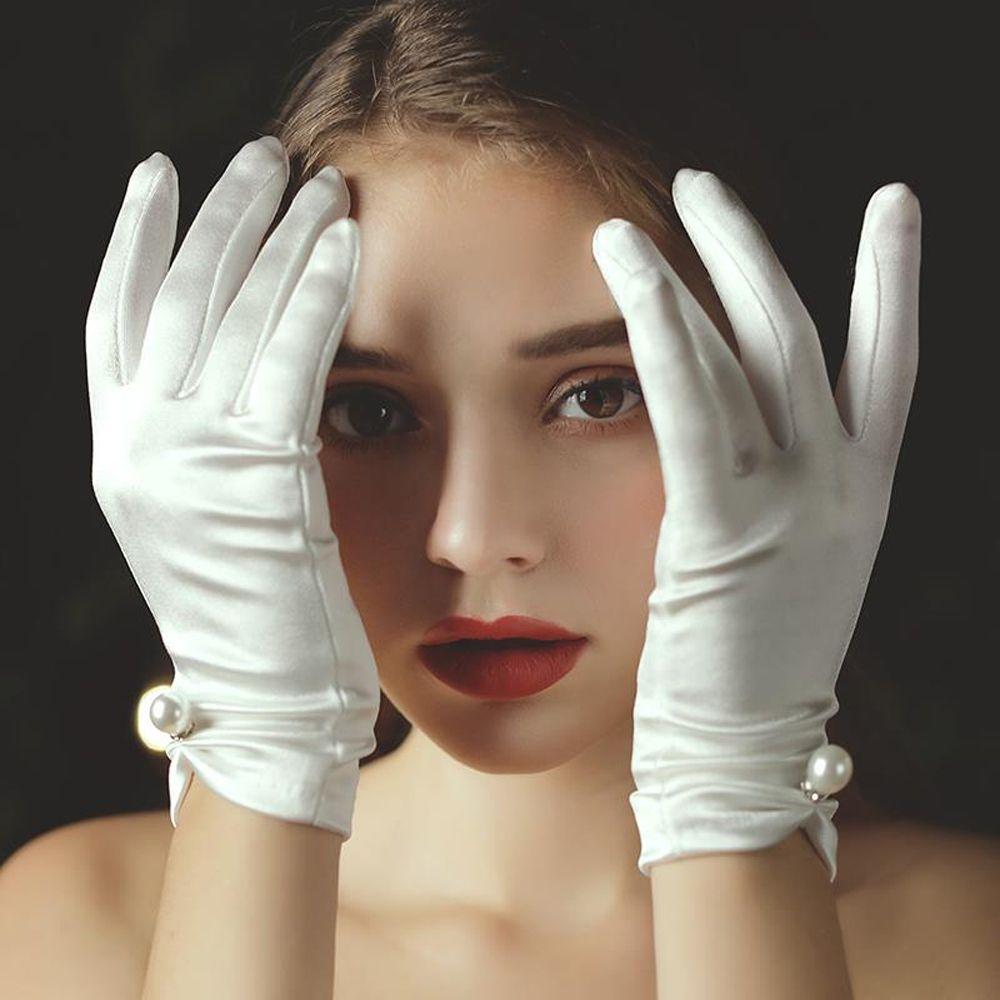 Five Finger For Girls Bridal Full Finger Gloves Women Wedding Gloves Korean Driving Mittens Pearl