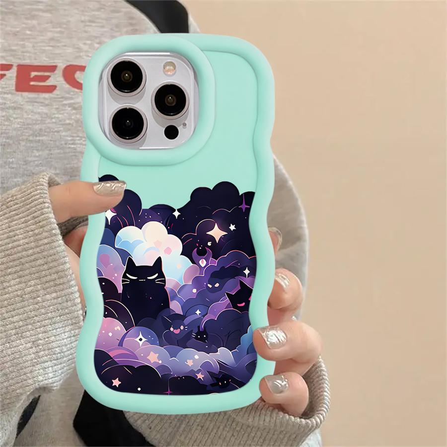Case for iPhone 16 Pro Max XR 17 Air 15 Plus 8 13 11 12 14 Soft Phone Cover Black Cat Starry Night