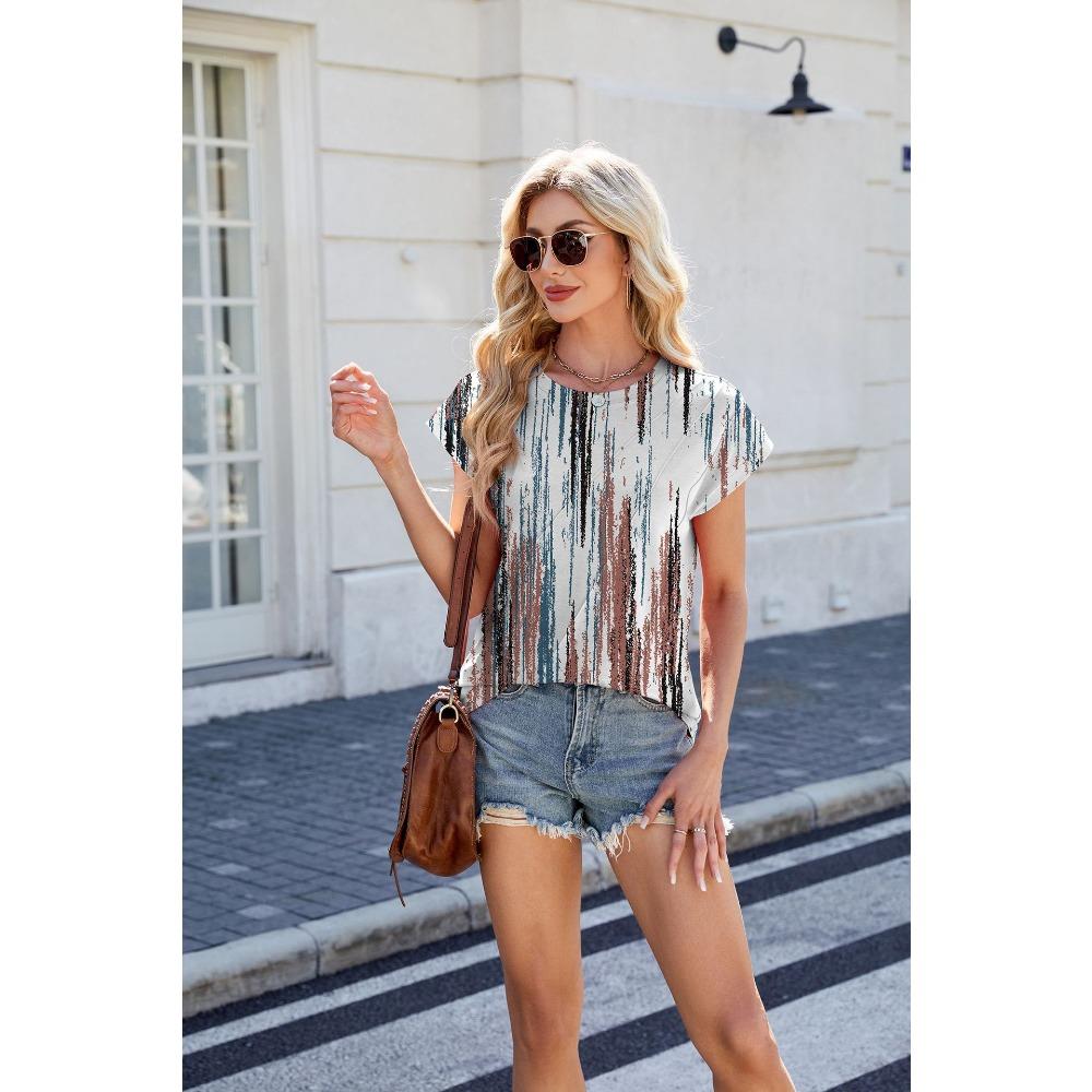 Summer New Round Neck Striped Loose Short Sleeved Women T-shirt Top