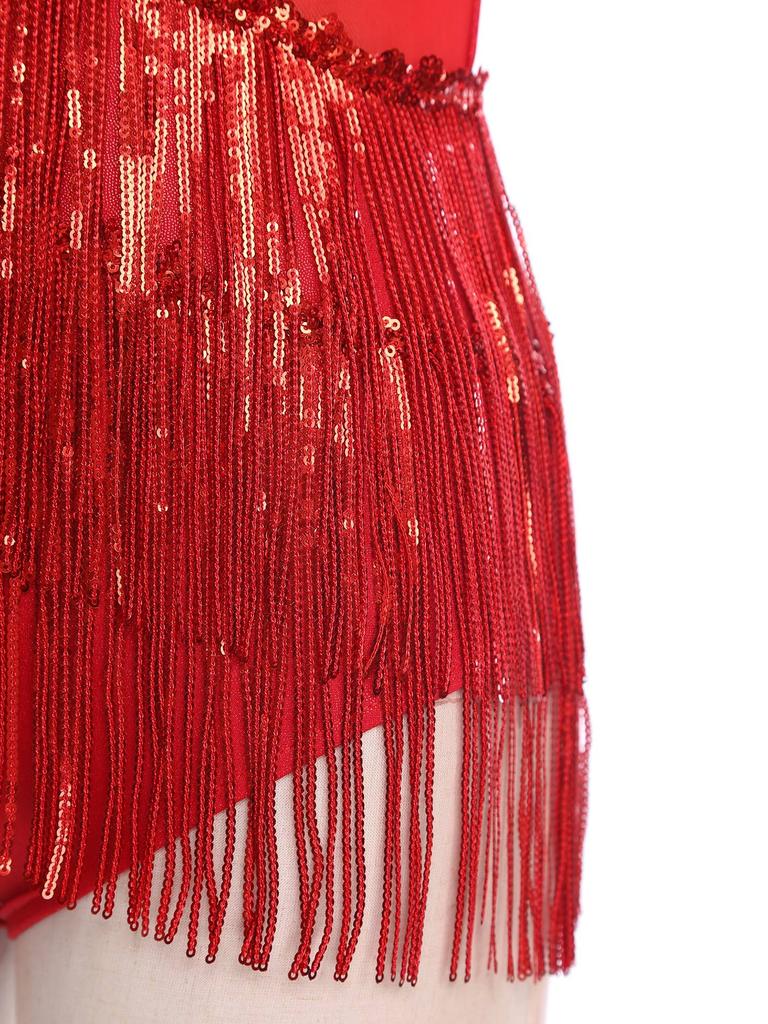 Womens Latin Dance Leotard Sequin Tassel Design Sleeveless Back Cutout Metallic Shiny Patchwork Bodysuit
