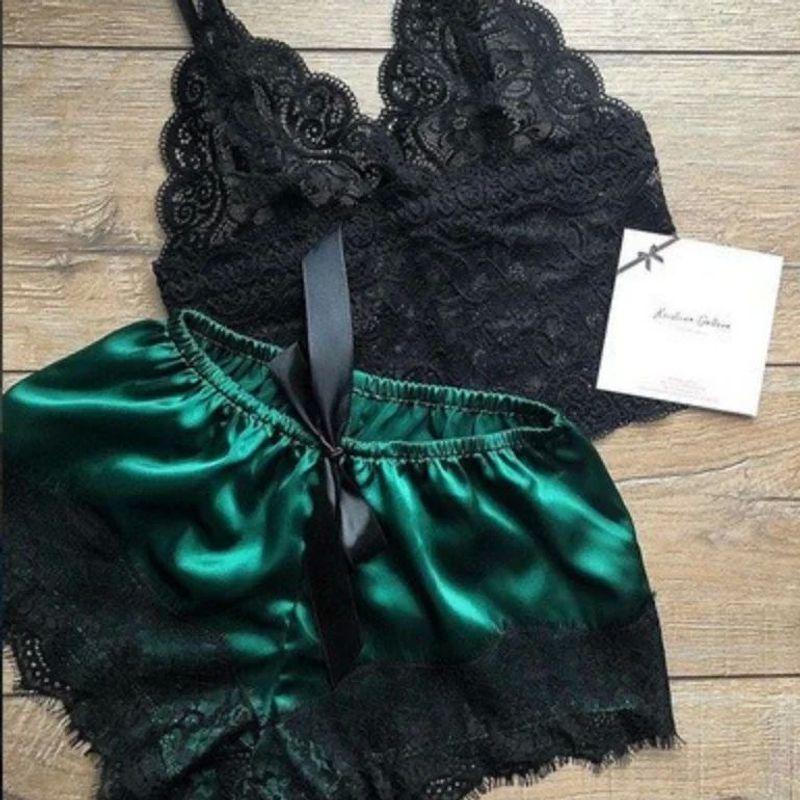 

Кружевной кружевной комплект майка-шорты для пижамы Кружевной комплект пижамы на бретелях с шортами Green S(S)