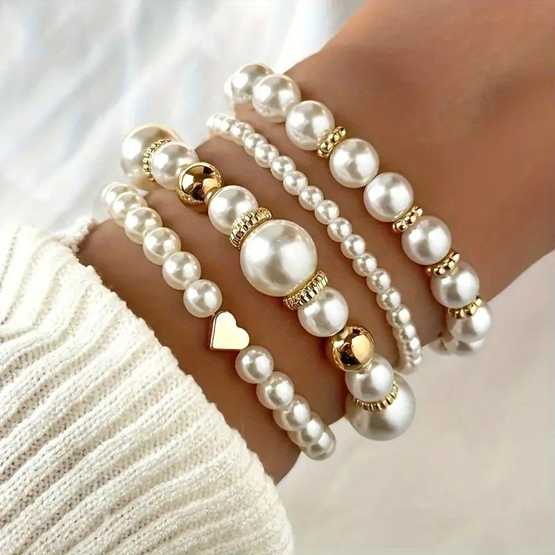9 PCS/Set CCB Baroque Retro Stacked Imitation Pearl Friendship Bracelet, Ins Simple White and Gold Color Bracelet Sets for Women