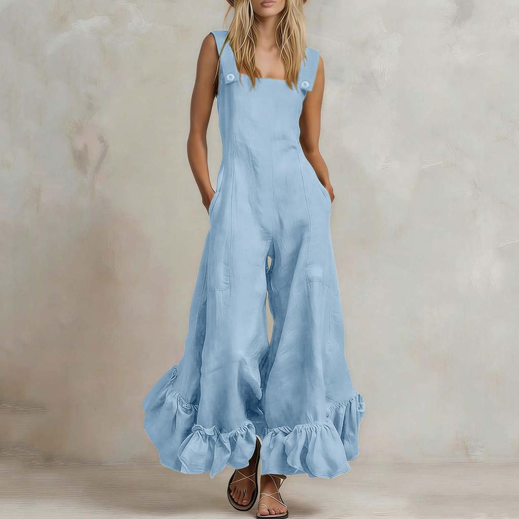 Damen Casual Einfarbiger Jumpsuit Quadratischer Ausschnitt Ärmellos Weiter Bein Rüschensaum Leicht Lockerer Romper