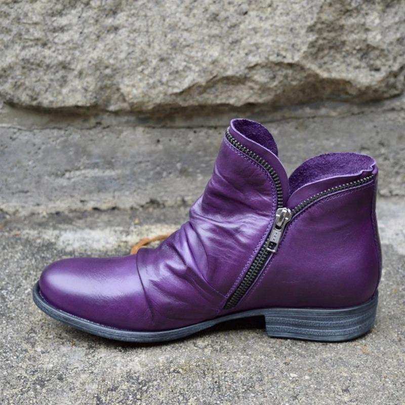Women's round head artificial mouth women's leather boots side zipper Martin boots warm women's shoes