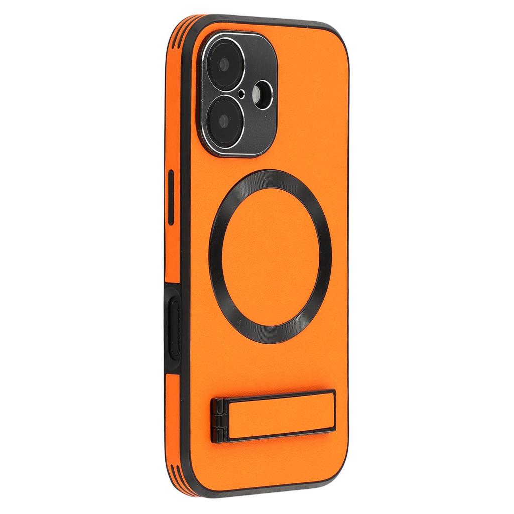For iPhone 16 Kickstand Case Compatible with MagSafe PC+TPU+PU Phone Back Cover