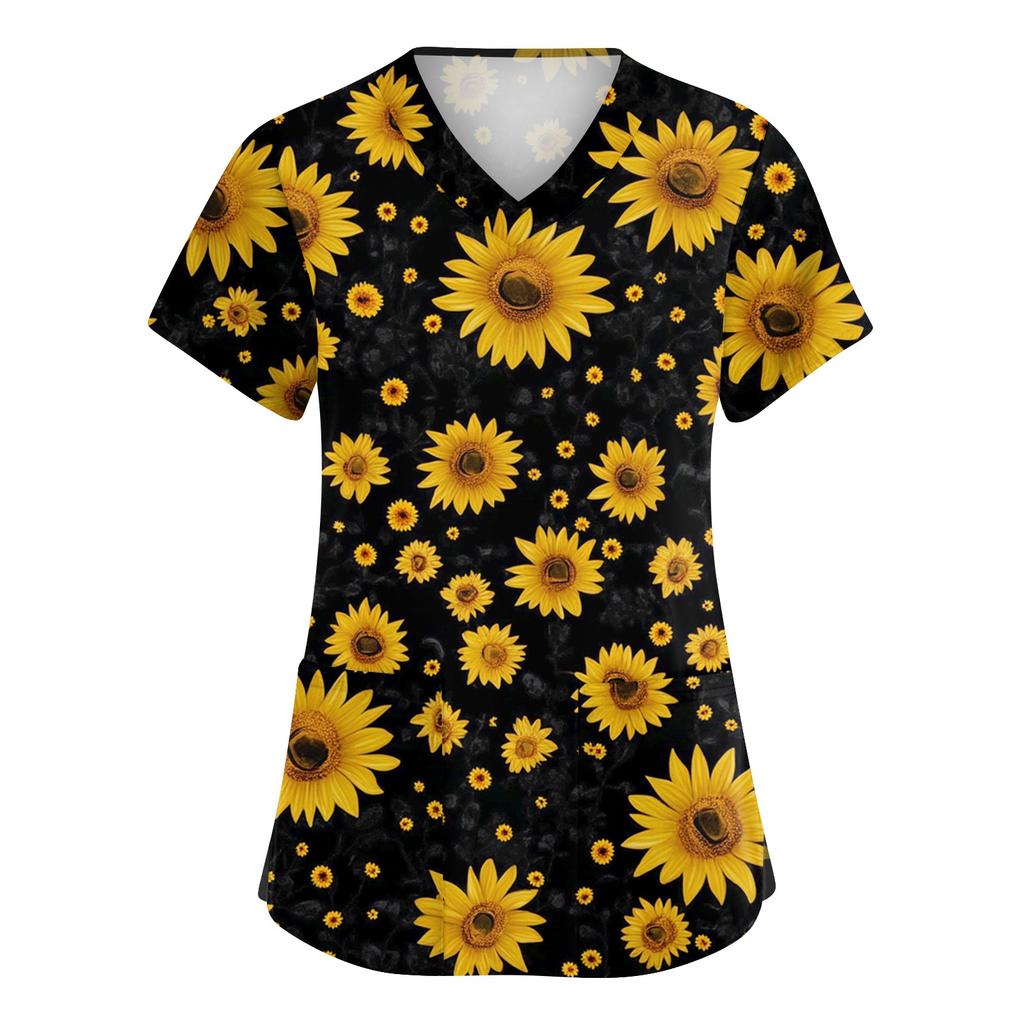 Women's Fashionable V-neck Workwear Printed Short Sleeved Pocket Side Slit Workwear Basic Pullover Top