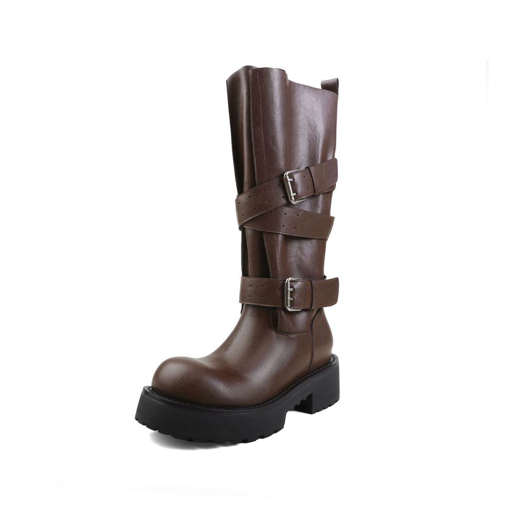 2025 Autumn and Winter New Maillard Retro Knight Boots Women's Versatile Thick-soled Stacking Boots Round Head Belt Buckle Boots