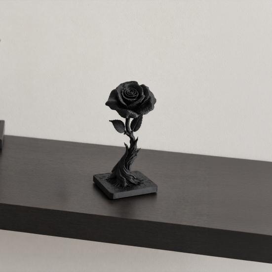 Statua Ornamentale Rosa Nera Stampata in 3D DYS, Statuetta Stile Gotico Oscuro, Fiore Decorativo Artistico con Base a Fiamma, Decorazione Raffinata per Casa Ufficio