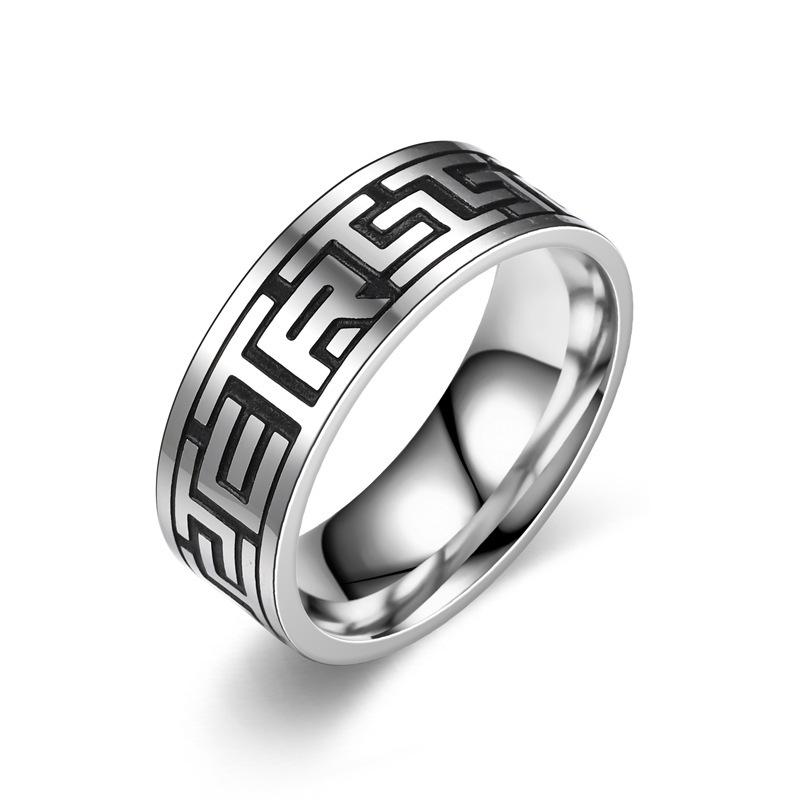 Men's Titanium Steel Punk Ring with Geometric Carving, Blackened for Couples - European & American Style.