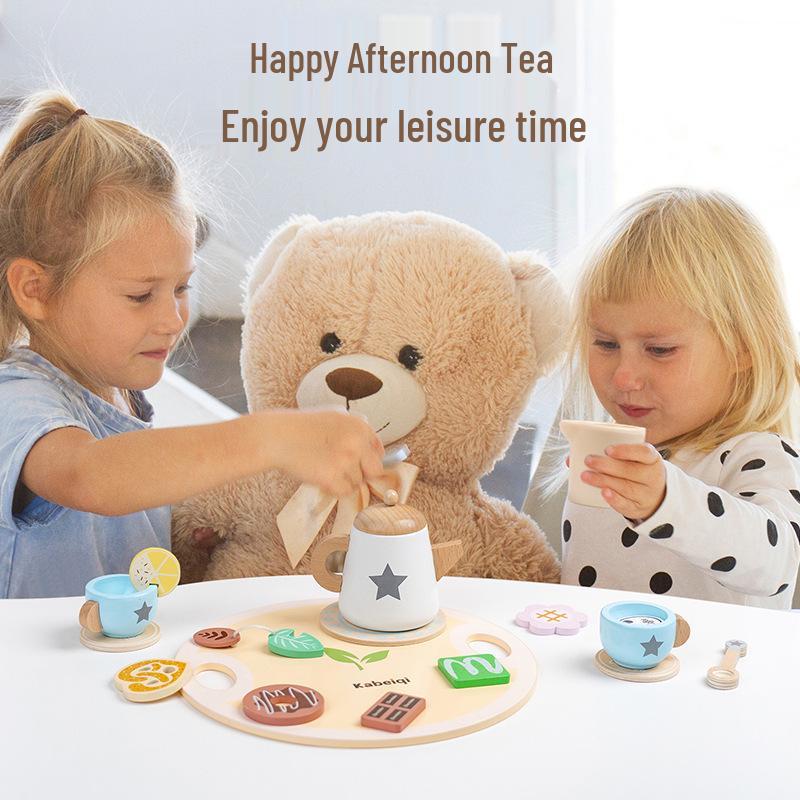 Wooden Tea Set Playhouse: Afternoon Tea Kitchen Toys for Kids Birthday Gift