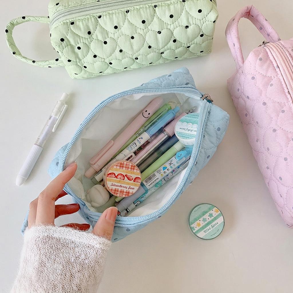 Tragbare gepolsterte Bleistifttasche mit Polka-Dots Y2k Federmäppchen mit Griff Große Kapazität Schreibwaren-Aufbewahrungstasche Stiftebeutel für Schüler