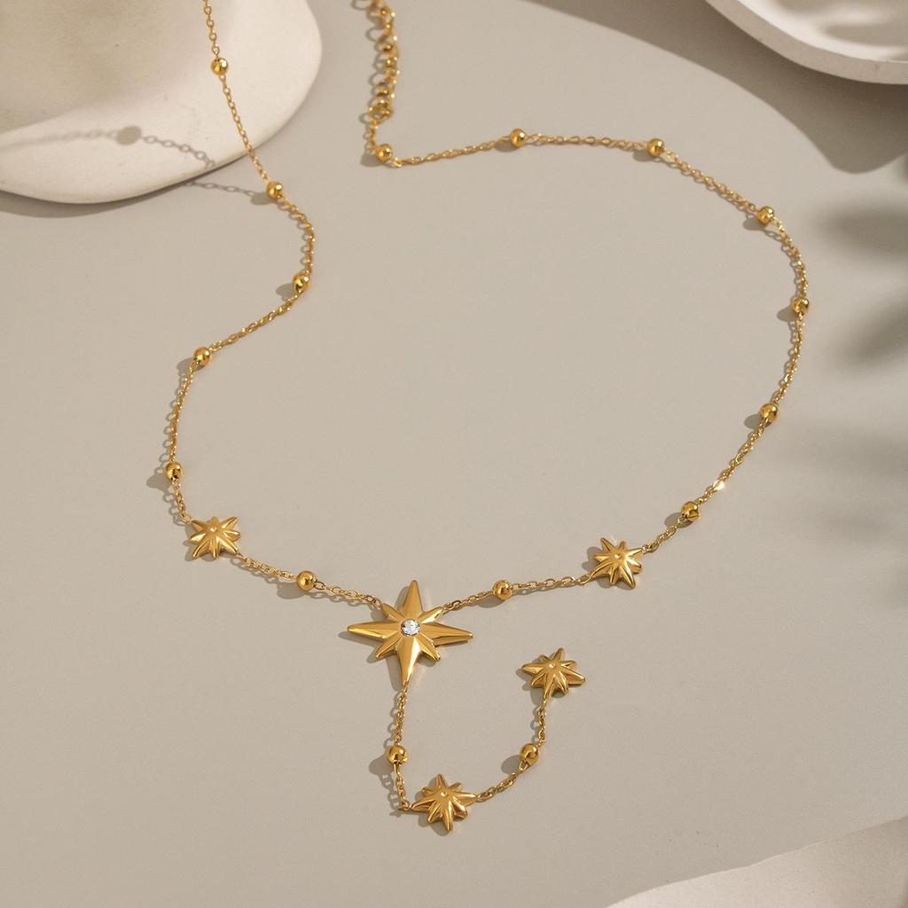 Collier Y-Chain à pampilles étoile à huit branches élégante Xia Ling, Acier inoxydable, Plaqué or 18 carats, Bijou polyvalent pour femmes