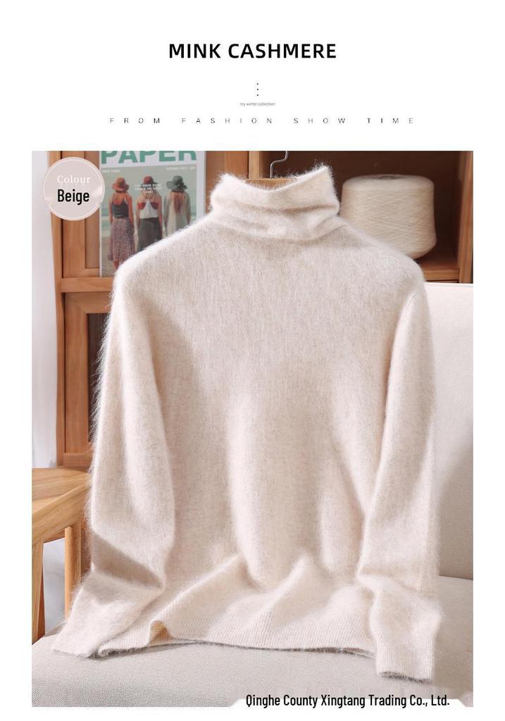 Mink Velvet Women's High Neck Rabbit Fur Knit Sweater, Slim Fit Cashmere Base Layer
