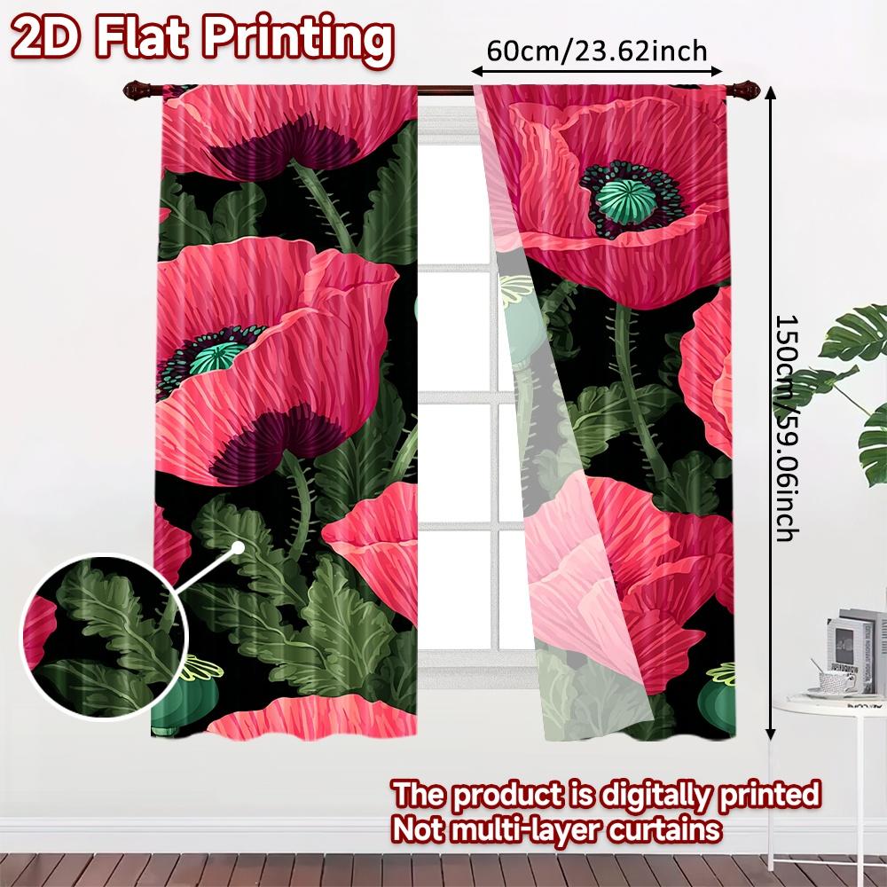 2D FLAT PRINTING 2pcs Curtains (Without Rod) Floral Pink Poppies Design Modern Fashionable Curtainments during the Women is Day
