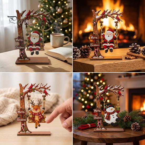 Creative Christmas Desktop Ornaments Wooden Ornaments, Santa Snowman Figurine with Moving Holiday Decorations Swing, Rustic Tabletop Centerpiece