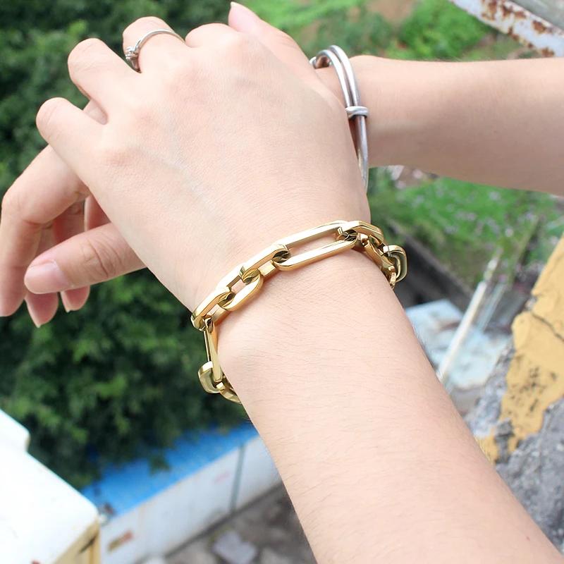 316L Stainless Steel Hip Hop Thick Chain Bracelet Vacuum Plating Geometric Links Statement Bracelets Hand Chains for Women Men