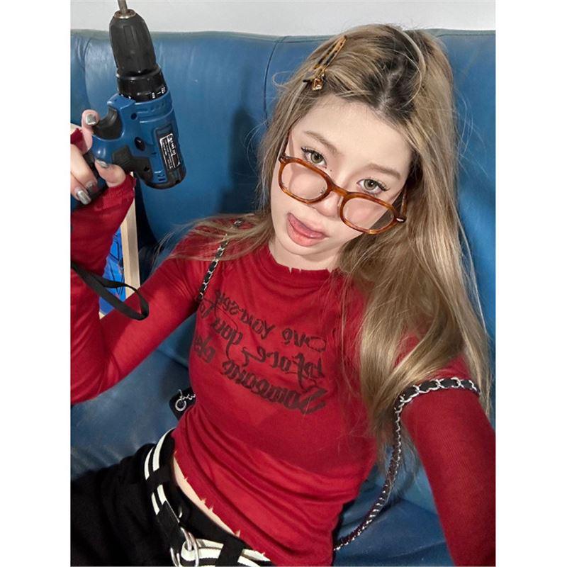 

Лин Сяохуа Ретро Винно-красная Футболка с принтом букв для джазовых танцев с длинным рукавом XL