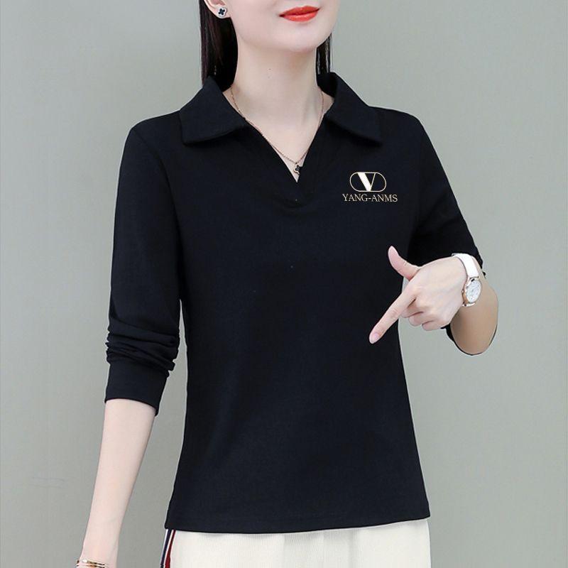 Solid Color Lapel T-shirt Women's Inner Wear Spring Autumn New Year Polo Collar Mother's Long-sleeved Base Shirt Top