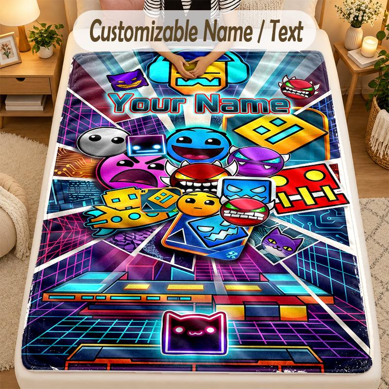 Flannel BlanketGeometry Dash Custom Name Text Personalized Soft Warm Throw Blanket Home Decor Gift