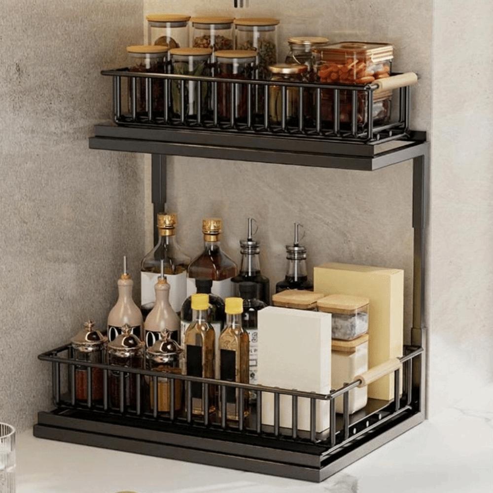Large Capacity 2-Tier Under Sink Organizer Carbon Steel Slide Out Cabinet Storage Shelf  Bathroom