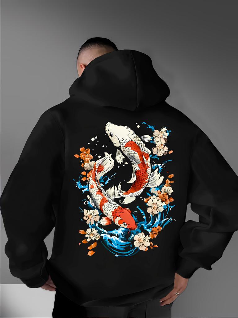 Ukiyo-e Style Auspicious Twin Koi Floral Wave Back Pattern Men Hip Hop Sports Hoodie Long Sleeve Loose Athletic Pullover