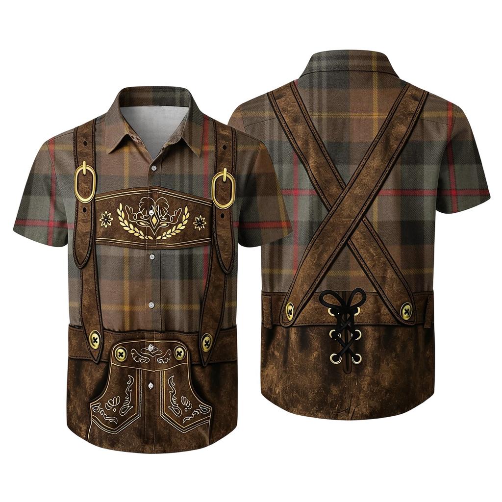 Men’s Short Sleeve Button Down Shirt with Vintage Festival Print Casual Relaxed Fit Top for Party and Daily Wear