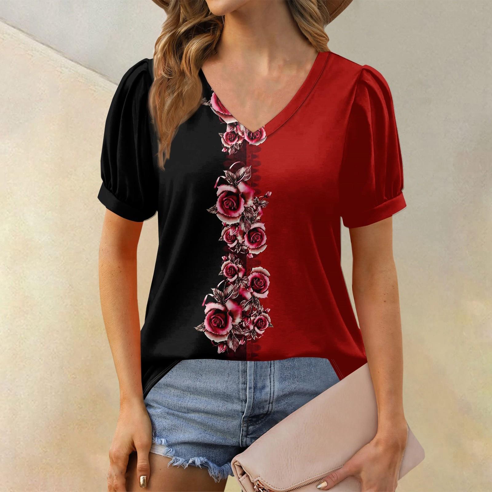 

Женская модная футболка с коротким рукавом и V-образным вырезом, с цветочным принтом, свободная повседневная футболка L красный
