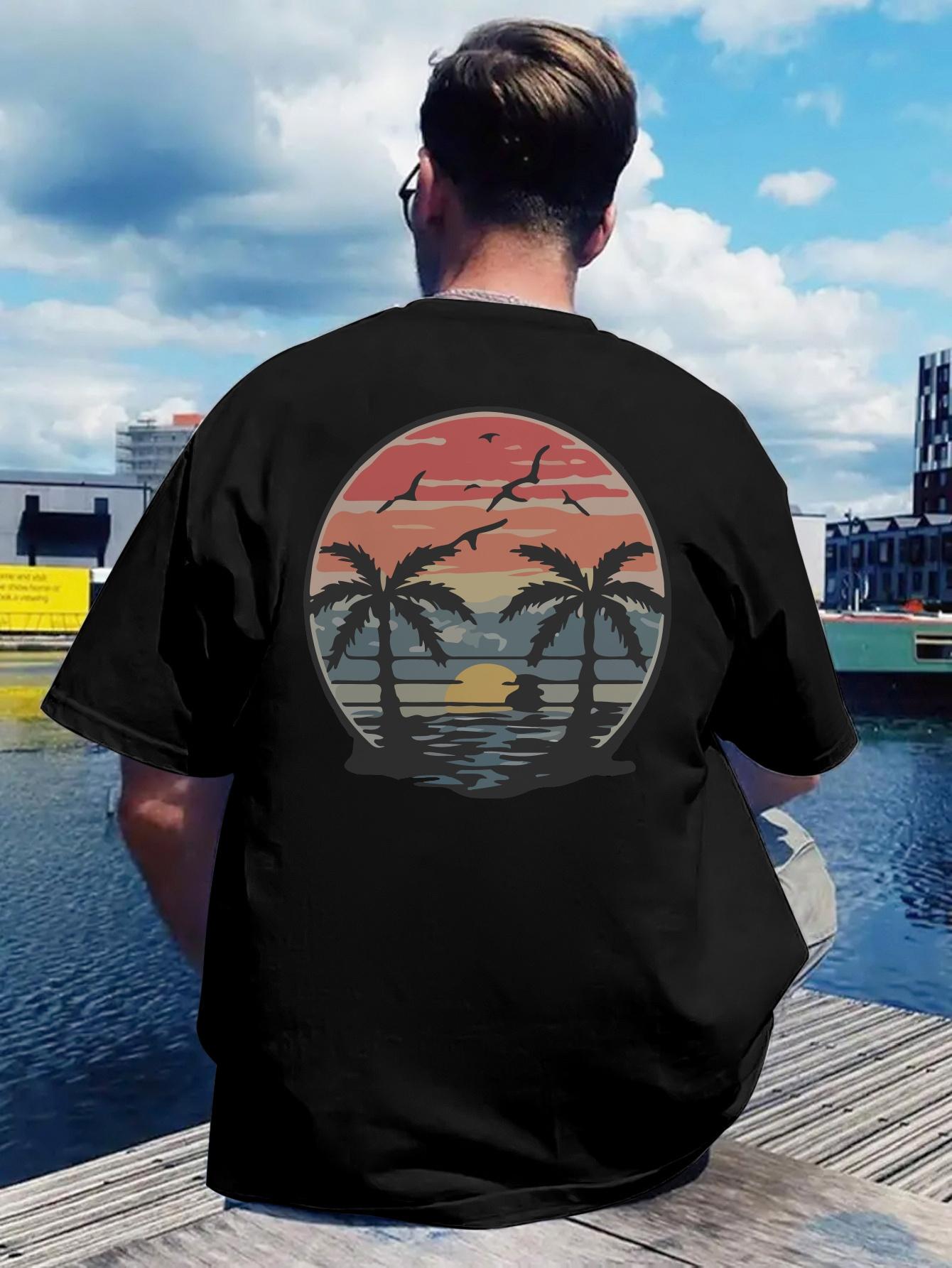 

Tropical Beach Graphic T-shirt - White Tee with Back Print Palm Trees Sunset - Lightweight Breathable Polyester Shirt for Vacation XXL