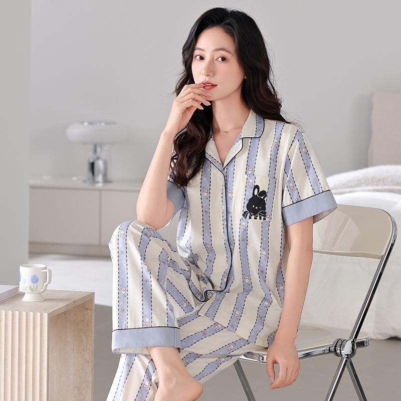 Pajamas women's summer cotton short-sleeved trousers thin summer 1011 new large-size summer cardigan loungewear