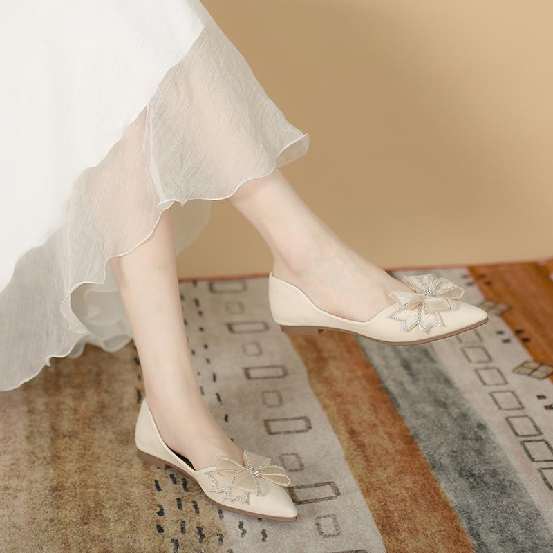 Flat shoes single shoes women's summer pointed 2025 new Doudou shoes shallow bow soft leather wedding shoes evening gentle shoes
